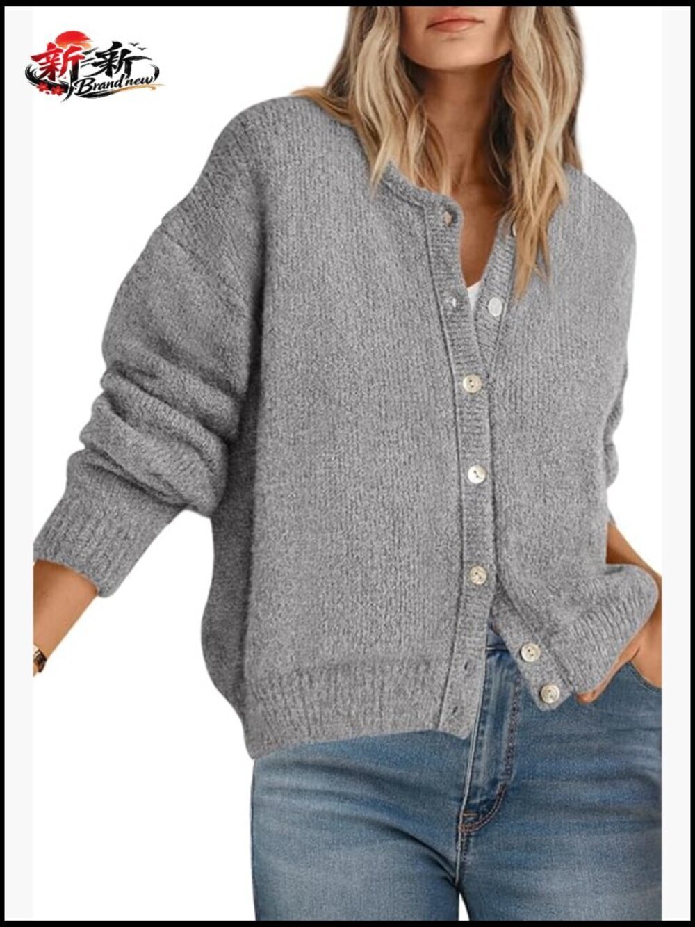 Long Sleeve Chunky Cardigan Button Down Crewneck Open Front Lightweight Womens